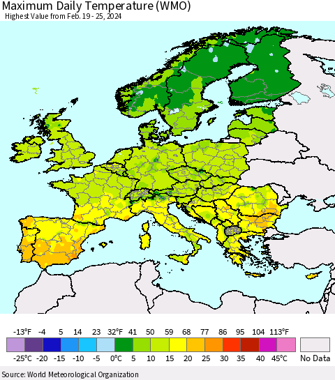 Europe Maximum Daily Temperature (WMO) Thematic Map For 2/19/2024 - 2/25/2024