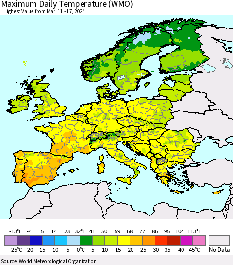 Europe Maximum Daily Temperature (WMO) Thematic Map For 3/11/2024 - 3/17/2024