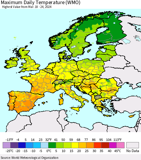 Europe Maximum Daily Temperature (WMO) Thematic Map For 3/18/2024 - 3/24/2024
