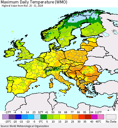 Europe Maximum Daily Temperature (WMO) Thematic Map For 3/25/2024 - 3/31/2024