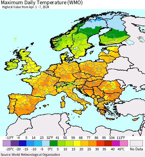 Europe Maximum Daily Temperature (WMO) Thematic Map For 4/1/2024 - 4/7/2024