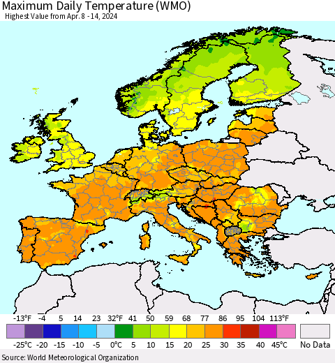 Europe Maximum Daily Temperature (WMO) Thematic Map For 4/8/2024 - 4/14/2024