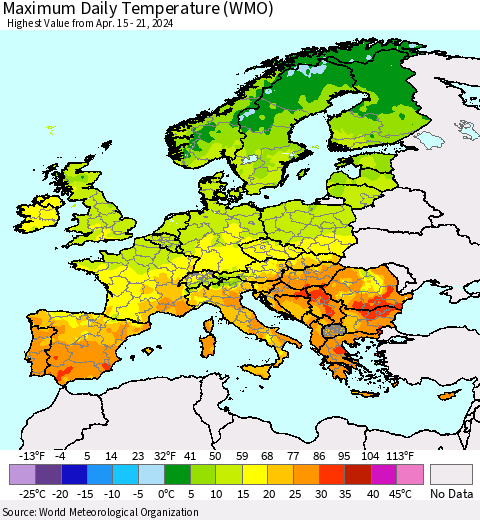 Europe Maximum Daily Temperature (WMO) Thematic Map For 4/15/2024 - 4/21/2024