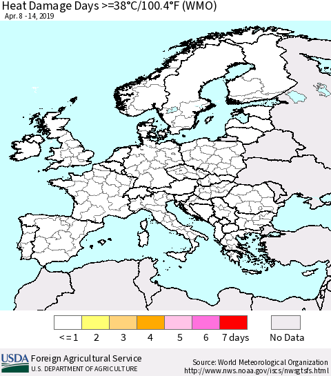 Europe Heat Damage Days >=38°C/100°F (WMO) Thematic Map For 4/8/2019 - 4/14/2019
