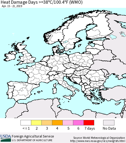 Europe Heat Damage Days >=38°C/100°F (WMO) Thematic Map For 4/15/2019 - 4/21/2019