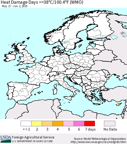 Europe Heat Damage Days >=38°C/100°F (WMO) Thematic Map For 5/27/2019 - 6/2/2019