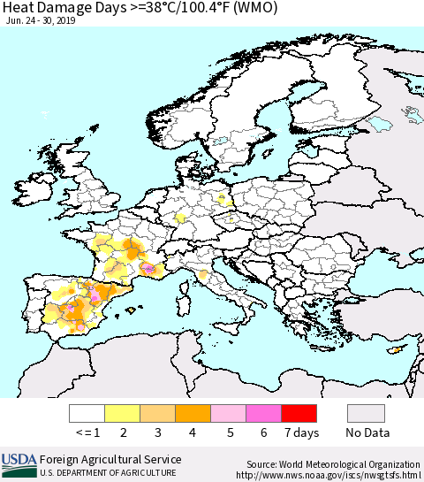 Europe Heat Damage Days >=38°C/100°F (WMO) Thematic Map For 6/24/2019 - 6/30/2019