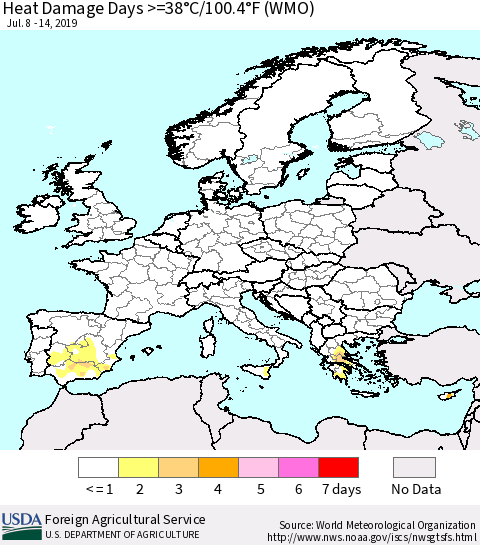 Europe Heat Damage Days >=38°C/100°F (WMO) Thematic Map For 7/8/2019 - 7/14/2019