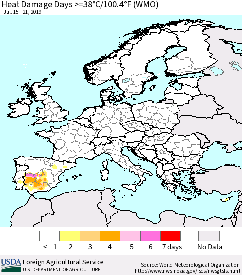 Europe Heat Damage Days >=38°C/100°F (WMO) Thematic Map For 7/15/2019 - 7/21/2019