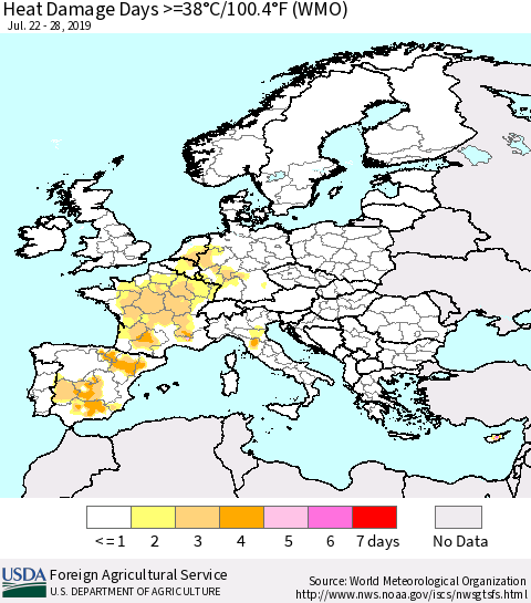 Europe Heat Damage Days >=38°C/100°F (WMO) Thematic Map For 7/22/2019 - 7/28/2019