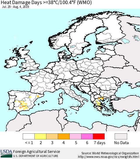Europe Heat Damage Days >=38°C/100°F (WMO) Thematic Map For 7/29/2019 - 8/4/2019