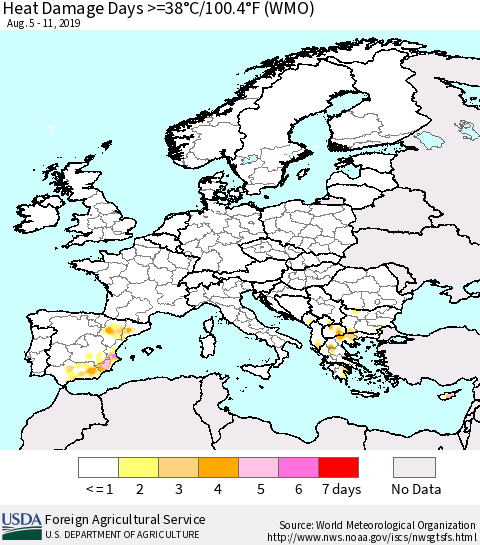 Europe Heat Damage Days >=38°C/100°F (WMO) Thematic Map For 8/5/2019 - 8/11/2019