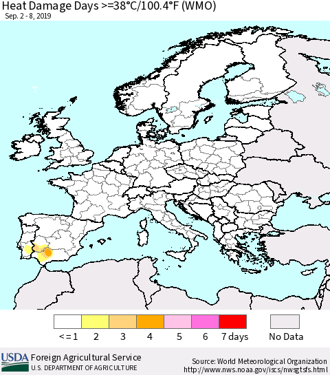 Europe Heat Damage Days >=38°C/100.4°F (WMO) Thematic Map For 9/2/2019 - 9/8/2019