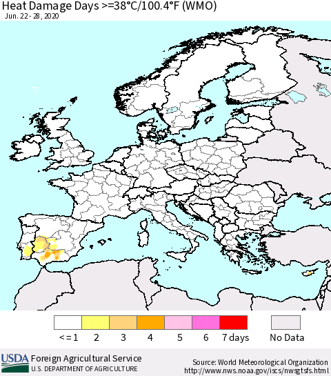 Europe Heat Damage Days >=38°C/100°F (WMO) Thematic Map For 6/22/2020 - 6/28/2020