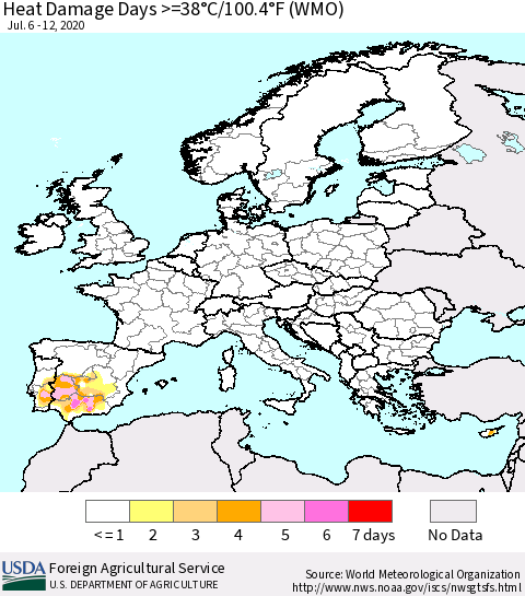 Europe Heat Damage Days >=38°C/100°F (WMO) Thematic Map For 7/6/2020 - 7/12/2020