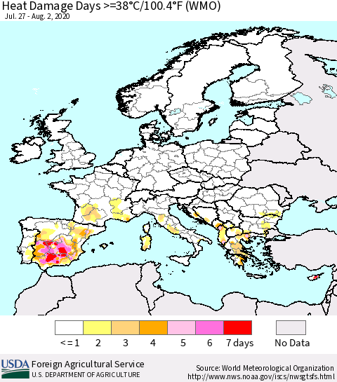 Europe Heat Damage Days >=38°C/100.4°F (WMO) Thematic Map For 7/27/2020 - 8/2/2020