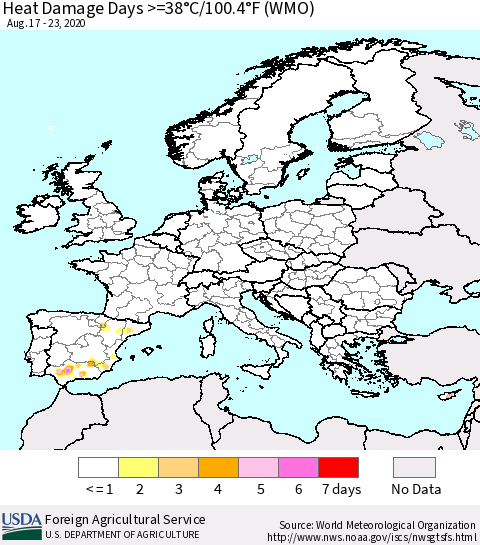 Europe Heat Damage Days >=38°C/100.4°F (WMO) Thematic Map For 8/17/2020 - 8/23/2020