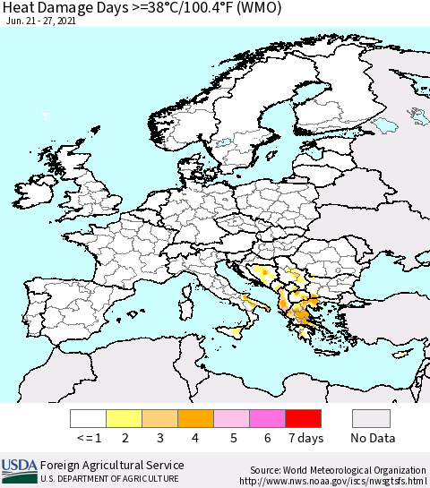 Europe Heat Damage Days >=38°C/100.4°F (WMO) Thematic Map For 6/21/2021 - 6/27/2021