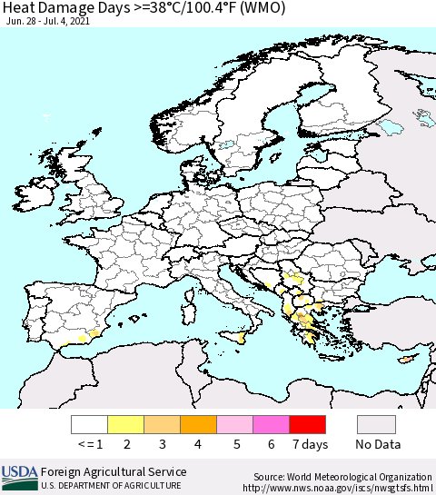 Europe Heat Damage Days >=38°C/100.4°F (WMO) Thematic Map For 6/28/2021 - 7/4/2021