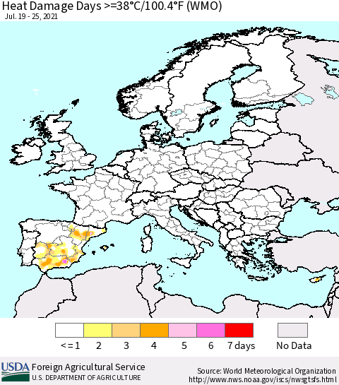 Europe Heat Damage Days >=38°C/100°F (WMO) Thematic Map For 7/19/2021 - 7/25/2021