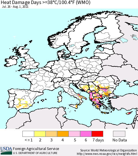 Europe Heat Damage Days >=38°C/100°F (WMO) Thematic Map For 7/26/2021 - 8/1/2021