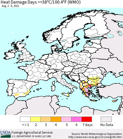 Europe Heat Damage Days >=38°C/100.4°F (WMO) Thematic Map For 8/2/2021 - 8/8/2021