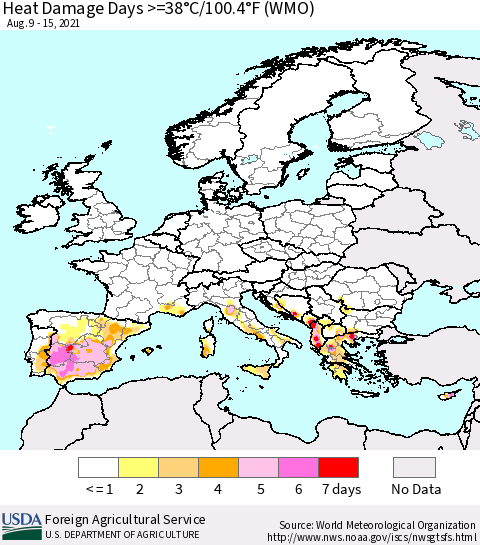 Europe Heat Damage Days >=38°C/100.4°F (WMO) Thematic Map For 8/9/2021 - 8/15/2021