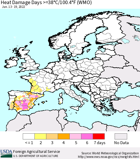 Europe Heat Damage Days >=38°C/100°F (WMO) Thematic Map For 6/13/2022 - 6/19/2022