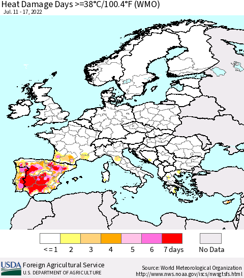 Europe Heat Damage Days >=38°C/100°F (WMO) Thematic Map For 7/11/2022 - 7/17/2022