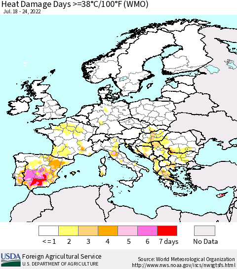 Europe Heat Damage Days >=38°C/100°F (WMO) Thematic Map For 7/18/2022 - 7/24/2022