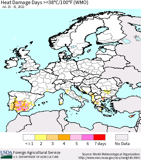 Europe Heat Damage Days >=38°C/100°F (WMO) Thematic Map For 7/25/2022 - 7/31/2022