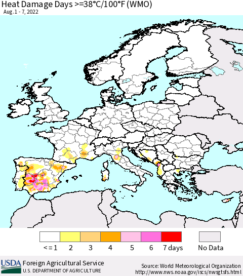 Europe Heat Damage Days >=38°C/100°F (WMO) Thematic Map For 8/1/2022 - 8/7/2022