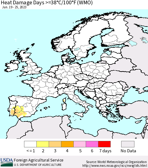 Europe Heat Damage Days >=38°C/100°F (WMO) Thematic Map For 6/19/2023 - 6/25/2023