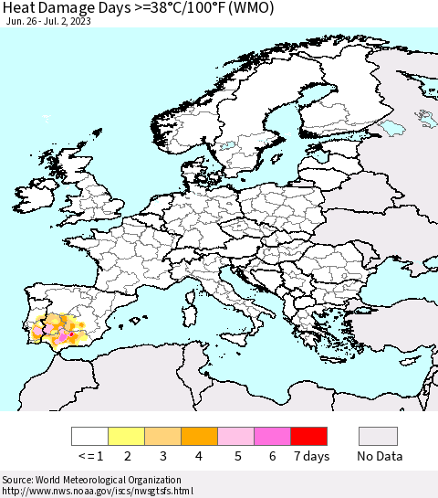 Europe Heat Damage Days >=38°C/100°F (WMO) Thematic Map For 6/26/2023 - 7/2/2023