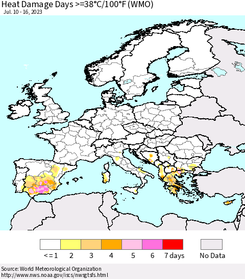 Europe Heat Damage Days >=38°C/100°F (WMO) Thematic Map For 7/10/2023 - 7/16/2023