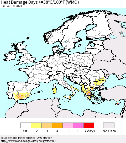 Europe Heat Damage Days >=38°C/100°F (WMO) Thematic Map For 7/24/2023 - 7/30/2023
