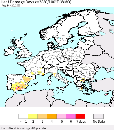 Europe Heat Damage Days >=38°C/100°F (WMO) Thematic Map For 8/14/2023 - 8/20/2023