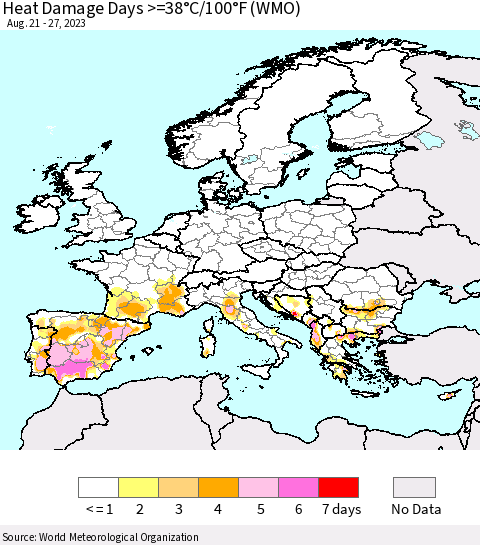 Europe Heat Damage Days >=38°C/100°F (WMO) Thematic Map For 8/21/2023 - 8/27/2023