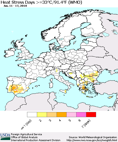 Europe Heat Stress Days >=35°C/95°F (WMO) Thematic Map For 6/11/2018 - 6/17/2018