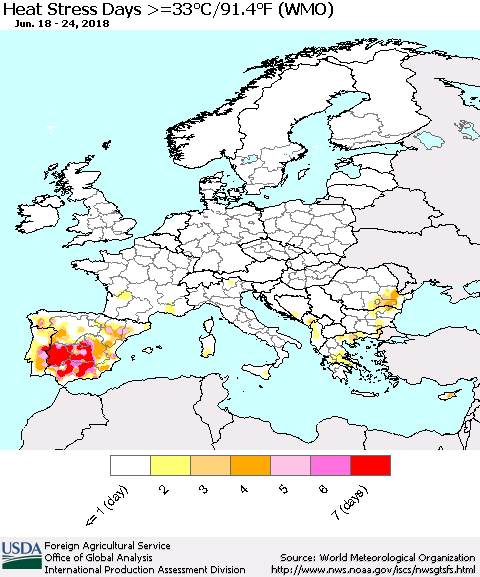 Europe Heat Stress Days >=35°C/95°F (WMO) Thematic Map For 6/18/2018 - 6/24/2018