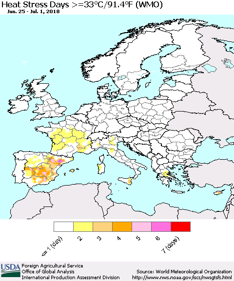 Europe Heat Stress Days >=35°C/95°F (WMO) Thematic Map For 6/25/2018 - 7/1/2018