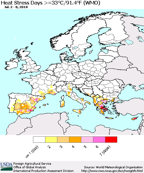 Europe Heat Stress Days >=35°C/95°F (WMO) Thematic Map For 7/2/2018 - 7/8/2018