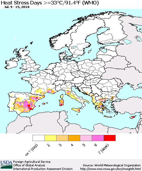 Europe Heat Stress Days >=35°C/95°F (WMO) Thematic Map For 7/9/2018 - 7/15/2018