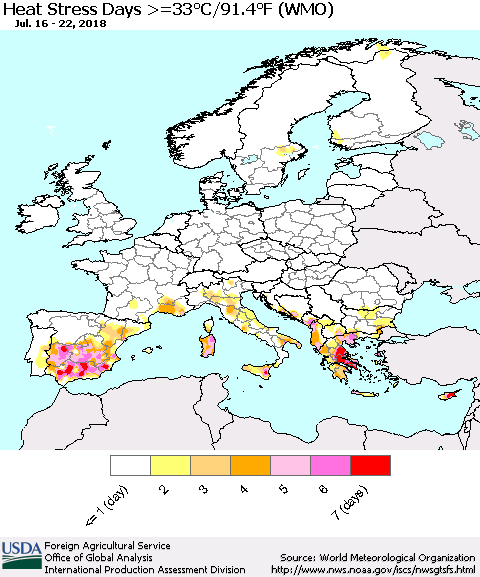 Europe Heat Stress Days >=35°C/95°F (WMO) Thematic Map For 7/16/2018 - 7/22/2018