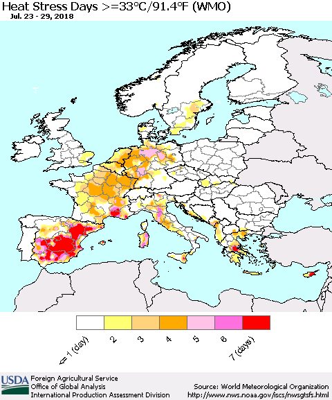 Europe Heat Stress Days >=35°C/95°F (WMO) Thematic Map For 7/23/2018 - 7/29/2018