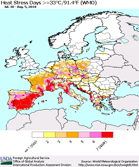 Europe Heat Stress Days >=35°C/95°F (WMO) Thematic Map For 7/30/2018 - 8/5/2018