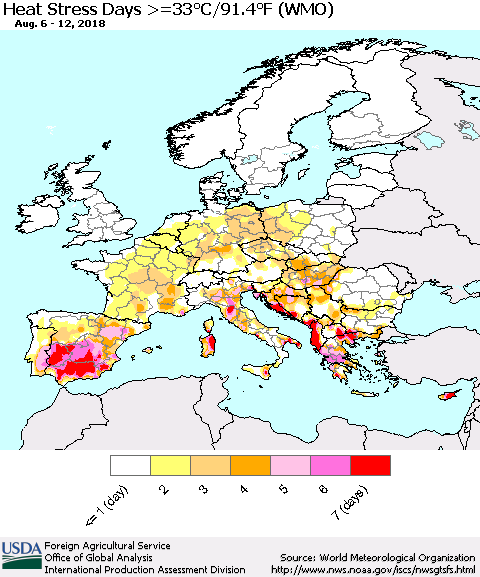 Europe Heat Stress Days >=35°C/95°F (WMO) Thematic Map For 8/6/2018 - 8/12/2018