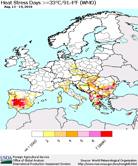 Europe Heat Stress Days >=35°C/95°F (WMO) Thematic Map For 8/13/2018 - 8/19/2018
