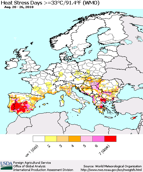 Europe Heat Stress Days >=35°C/95°F (WMO) Thematic Map For 8/20/2018 - 8/26/2018