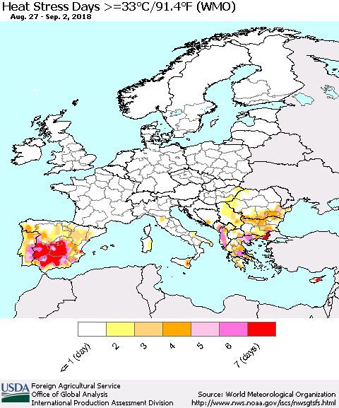 Europe Heat Stress Days >=35°C/95°F (WMO) Thematic Map For 8/27/2018 - 9/2/2018